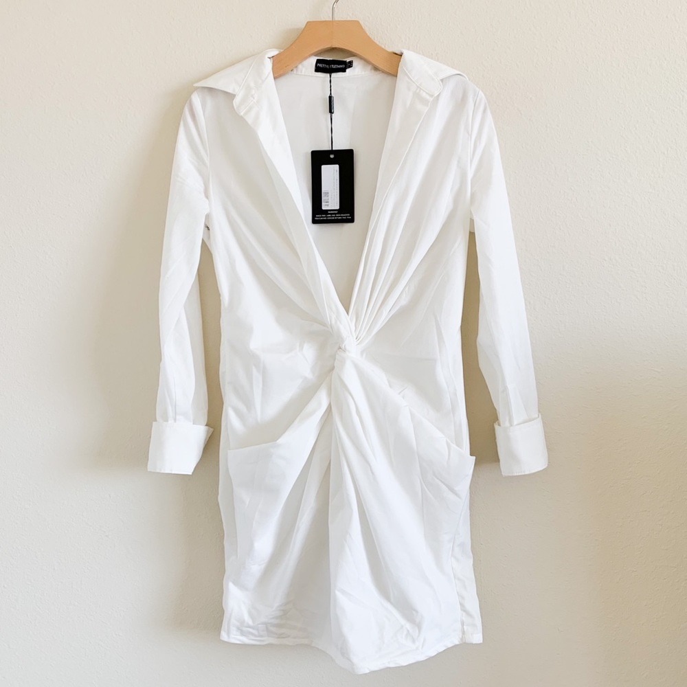 PRETTY LITTLE THING White Plunge Knot Shirt Dress